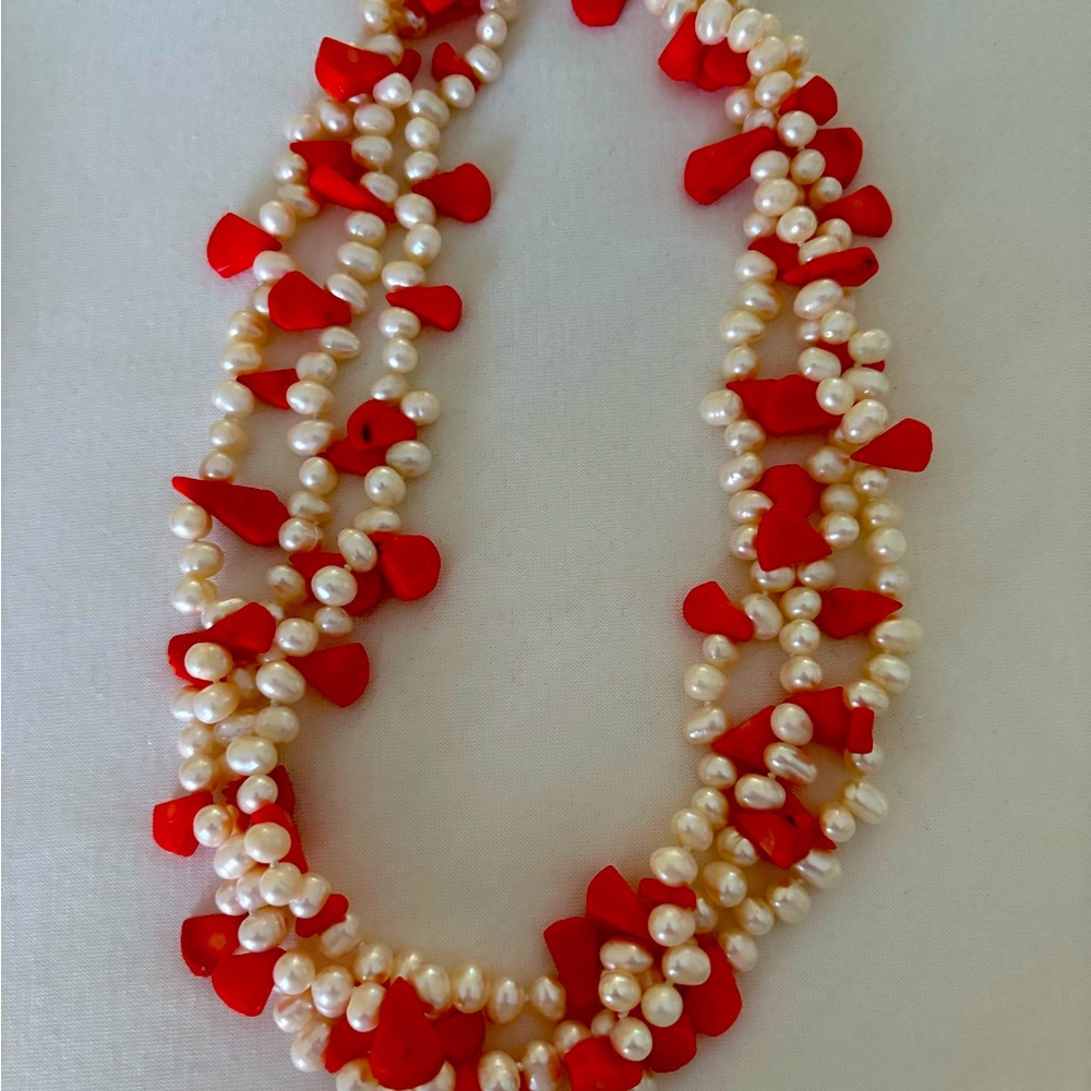 Elegant Orange Coral and Pearl Necklace